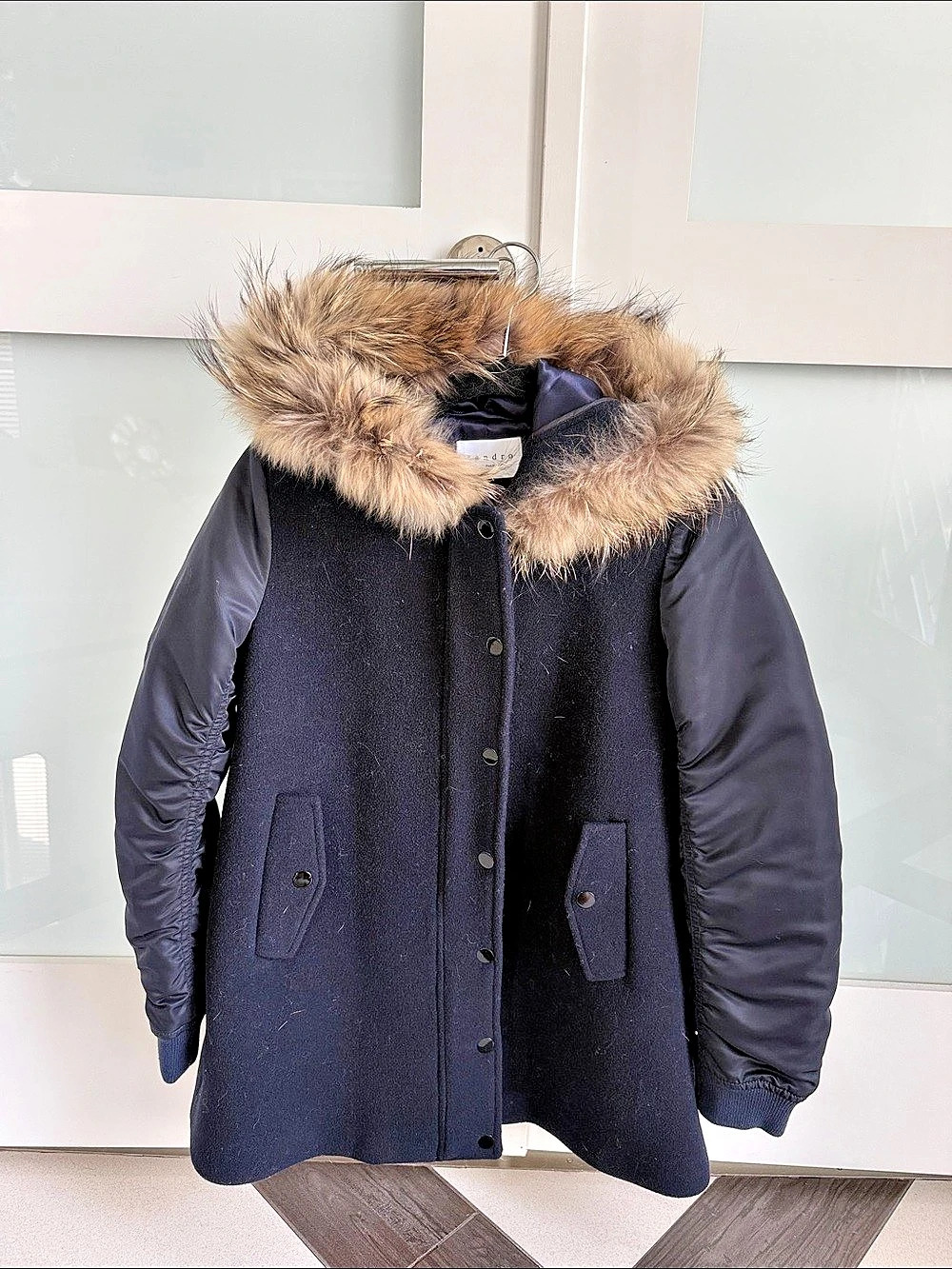 Sandro Wool Blend Fur Trim Hooded Coat